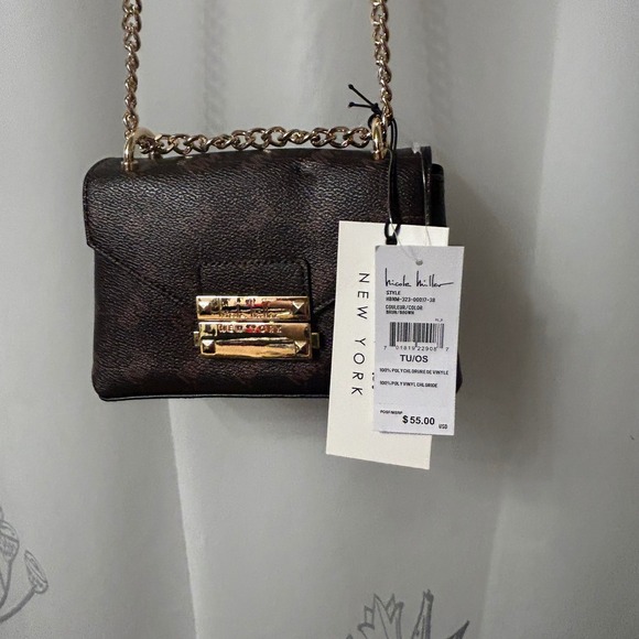 Nicole Miller New York Mini Brown Crossbody Bag Gold Chain Strap Purse - Picture 2 of 7